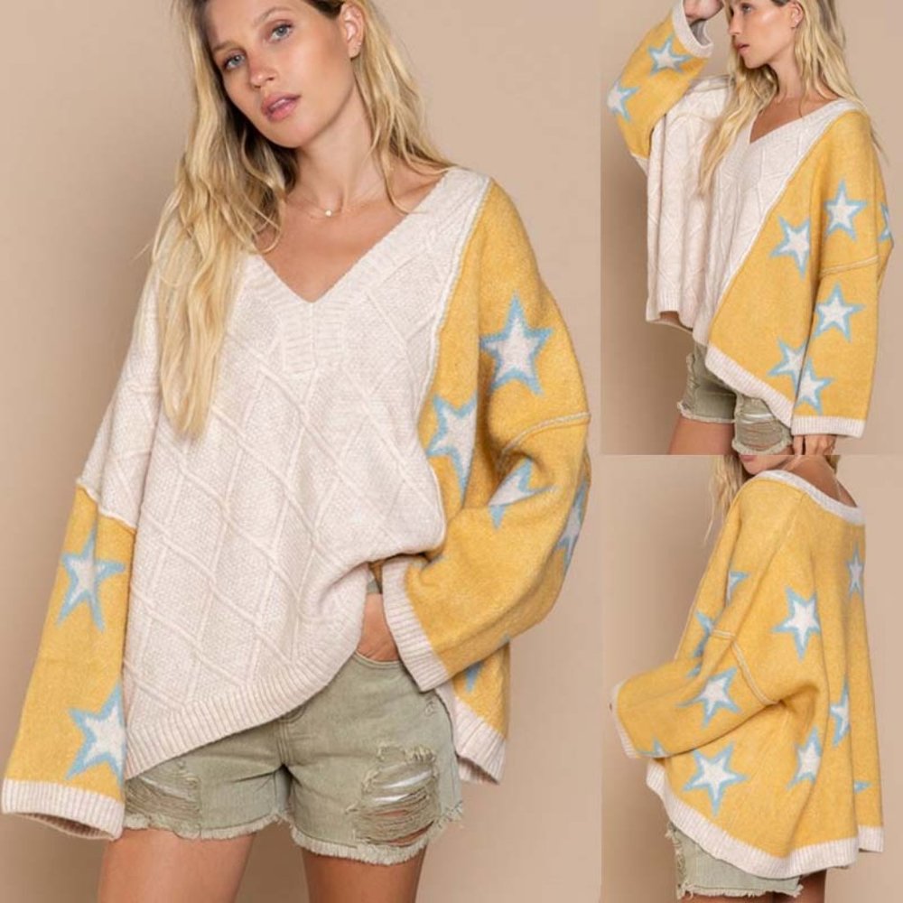 NEW POL Dandelion Blue Star Diamond Knit Color Block V Neck Oversized Sw…